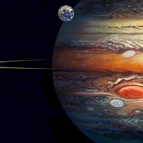 An artistic depiction of Jupiter with the Great Red Spot, its bands of clouds, and a small view of Earth in the background.